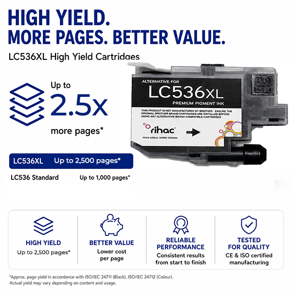Brother LC536XL Compatible Ink Cartridges 4 Pack – Rihac Pigment Ink